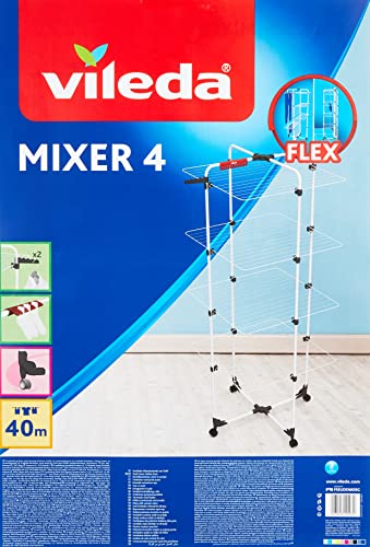 Vileda Mixer 4 - Tendedero vertical de torre de acero, 40 metros de espacio de tendido, 4 rejillas, soporte para ropa pequeña y perchas, dimensiones abierto 169 x 71 x 71 cm, color blanco