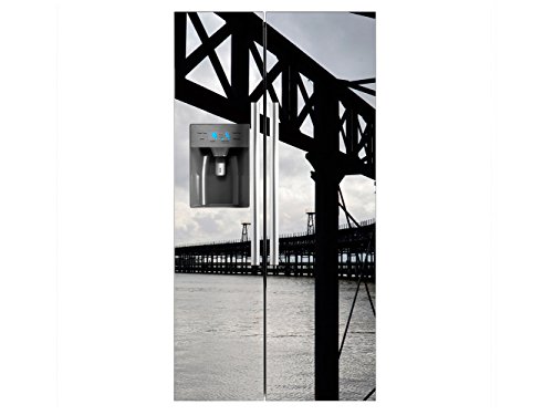 Vinilo Frigorífico Americano Puente Metalico Mar | 91x177cm | Varias Medidas | Pegatinas de Nevera Económicas y Elegantes | Vinilo Nevera