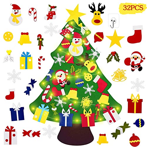 VIPNAJI El árbol de Navidad del Fieltro de los 3.3FT DIY fijó + los Ornamentos Desmontables 30pcs + 30 Luces LED, Regalos Colgantes de Navidad de la Pared para Las Decoraciones de la Navidad