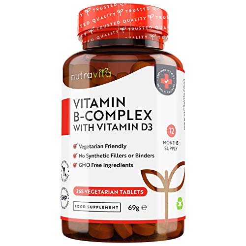 Vitamina B Complex con Vitamina D - 365 Comprimidos Vegetarianos - Complejo Vitaminas B con B1, B2, B3, B5, B6, B12, Biotina y Ácido Fólico - Para Energía y la Concentración - Fabricado por Nutravita