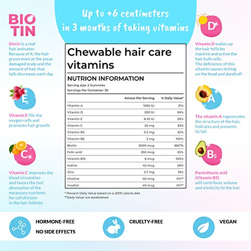 Viteddy Hair Gummy 3 envases - Biotina y Vitamina D vitaminas masticables vegetarianas para el crecimiento del cabello, fortalecen de las uñas y ayudan a dar brillo a su piel (Para 3 meses)