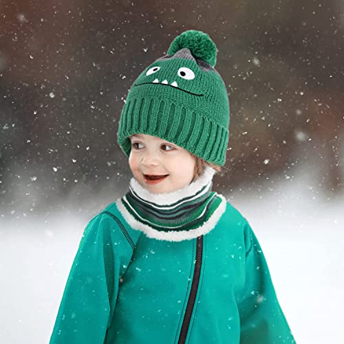 Voqeen Niños Beanie Hat Snood Bufanda Guantes Set 3 en 1 Invierno cálido dinosaurio tejido sombrero bufanda guantes conjunto con forro polar para niños niñas juegos de accesorios deportivos (Verde)