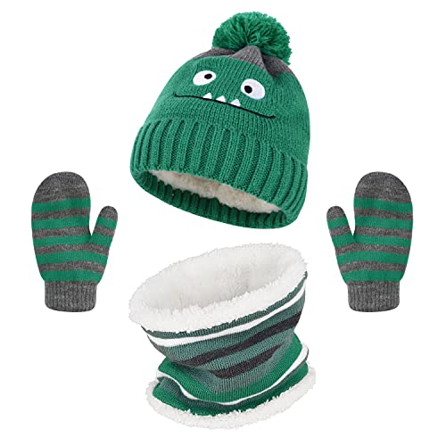 Voqeen Niños Beanie Hat Snood Bufanda Guantes Set 3 en 1 Invierno cálido dinosaurio tejido sombrero bufanda guantes conjunto con forro polar para niños niñas juegos de accesorios deportivos (Verde)