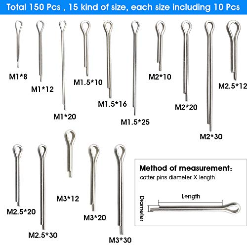 WANTOUTH 150 pcs Pasadores de Chaveta 15 Tipos de Pasadores Tractor Pasadores de Aletas 3 mm/ 4 mm/ 6 mm Pasadores Partidos de Acero Inoxidablepara Camiones Fijaciones Mecánicas, Autocaravanas