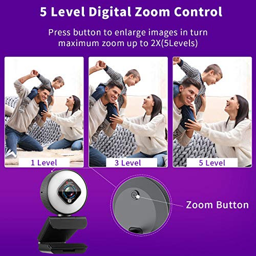 Webcam de 1080P con anillo de luz y micrófono dual, cámara web con zoom digital de 5 niveles, enfoque automático avanzado, brillo ajustable, Angetube 962 USB FHD cámara web para juegos Google Meet