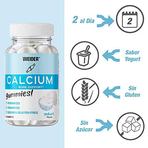 Weider Calcium Gummies. Gominolas de Calcio con Vitamina D y K. Sin Azúcares y Sin Gluten. 36 gummies. Sabor yogurt.