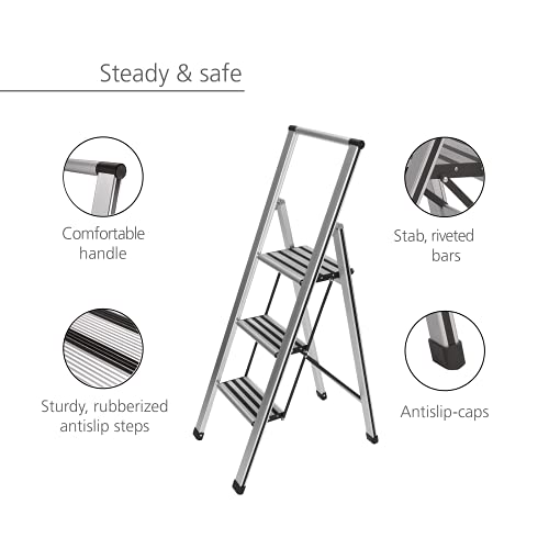 WENKO Escalera plegable en diseño de aluminio 2 peldaños, 3 marches, Aluminio, 44 x 127 x 5.5 cm, Plata mate