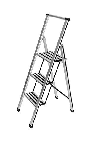 WENKO Escalera plegable en diseño de aluminio 2 peldaños, 3 marches, Aluminio, 44 x 127 x 5.5 cm, Plata mate