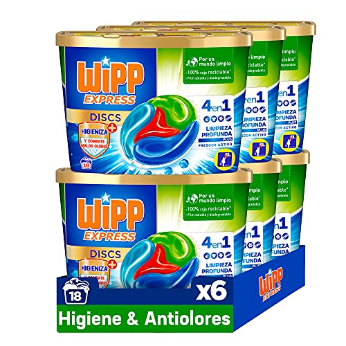Wipp Express DISCS Higiene & Antiolores Detergente en Cápsulas 4 en 1. 18 Discos, Pack de 6, Total: 108 Discos.