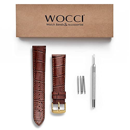 WOCCI 20mm Correa Reloj Piel para Hombre y Mujer, Grano de Cocodrilo en Relieve, Hebilla Dorada (Marrón)