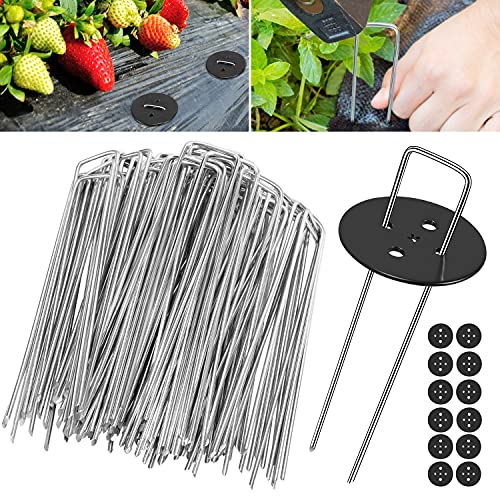 Wokkol Piquetas, Grapas para Jardin, Piquetas Camping, Malla Antihierbas 2.5 mm de Grosor, 15 cm/2.5 cm, para Asegurar la Tela de Malezas, Mallas(100 Clavijas de Jardín/12 Arandelas de Seguridad)