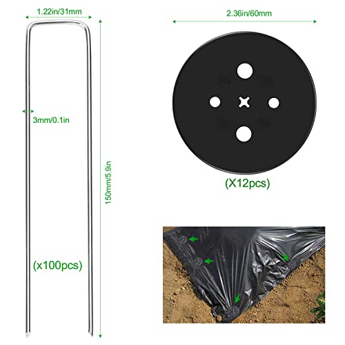 Wokkol Piquetas, Grapas para Jardin, Piquetas Camping, Malla Antihierbas 2.5 mm de Grosor, 15 cm/2.5 cm, para Asegurar la Tela de Malezas, Mallas(100 Clavijas de Jardín/12 Arandelas de Seguridad)