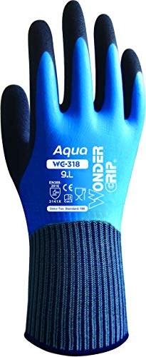 Wonder Grip WG-318 Aqua - Guante de trabajo, 100% impermeable, repelente al agua, doble revestimiento de látex; antideslizante para un agarre seguro en condiciones húmedas y mojadas, S/07