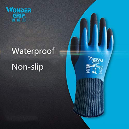 Wonder Grip WG-318 Aqua - Guante de trabajo, 100% impermeable, repelente al agua, doble revestimiento de látex; antideslizante para un agarre seguro en condiciones húmedas y mojadas, M/08
