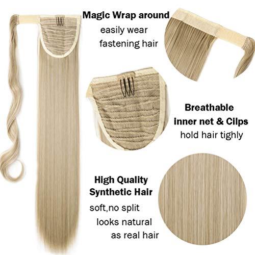 Wrap Around Ponytail Largo Liso Postiza de Pelo Sintético con Clips Extensiones de Cabello Se Ve Naturl Magia del Bolsillo Cola de Caballo 80cm Mezcla de castaño claro Rubio ceniza