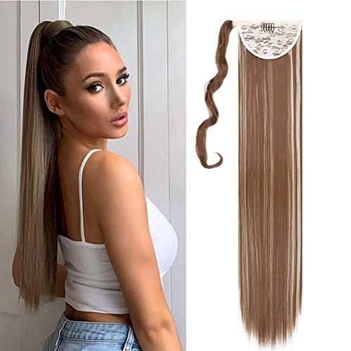 Wrap Around Ponytail Largo Liso Postiza de Pelo Sintético con Clips Extensiones de Cabello Se Ve Naturl Magia del Bolsillo Cola de Caballo 80cm Mezcla de castaño claro Rubio ceniza