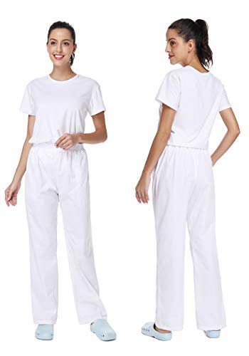 WWOO Donna Pantalone da lavoro Bianco puro Cotone Pantaloni Pantaloni da Infermiere opaco pantalaccio con elastico Materiale Sottile S