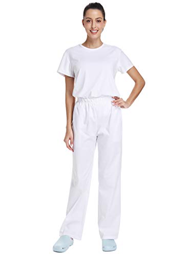 WWOO Donna Pantalone da lavoro Bianco puro Cotone Pantaloni Pantaloni da Infermiere opaco pantalaccio con elastico Materiale Sottile S