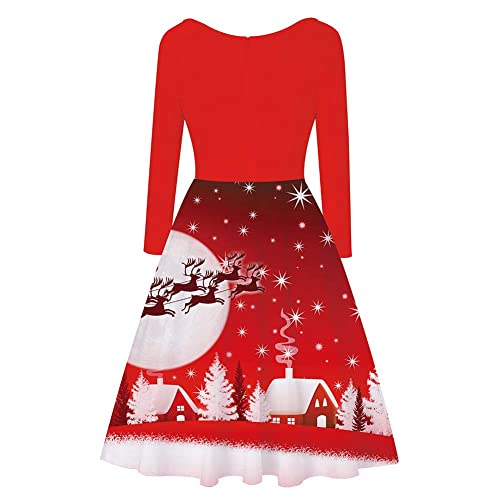 WYDM Vestido de Fiesta de Noche con Cuello en V y Manga Larga Retro Vintage con Estampado navideño para Mujer (Carro de Navidad S)