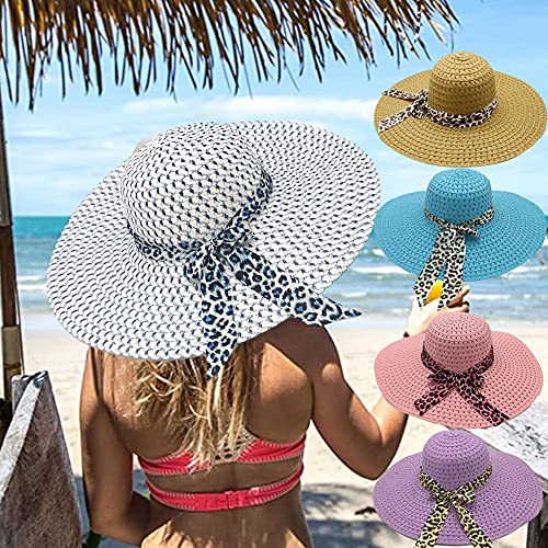 XCSM Sombrero de Paja de ala Ancha para Mujer Floppy Plegable Roll up Bowknot Beach Sun Hat Summer Outdoor Travel Beach Cap Protección UV