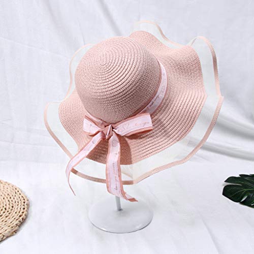 XuHang - Sombrero de malla para mujer, diseño de paja con visera de sol, diseño de lazo, elegante, ondulado, ala ancha, protector solar, para senderismo, al aire libre