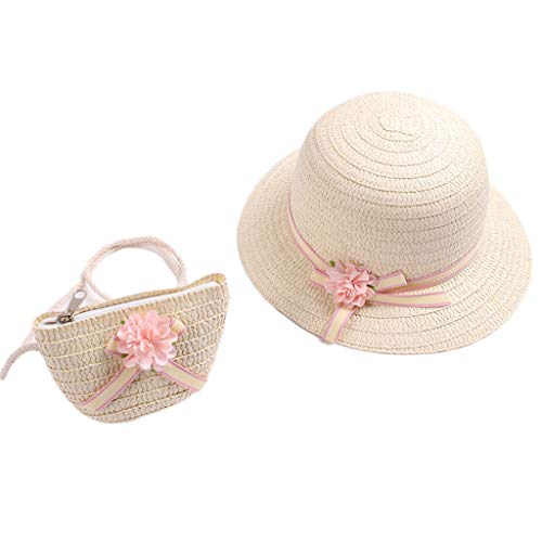 XuHang - Sombrero de paja de verano para niñas con cremallera, bolsa de hombro, color dulce caramelo, floral, protección UV, sombrero de playa para senderismo al aire libre