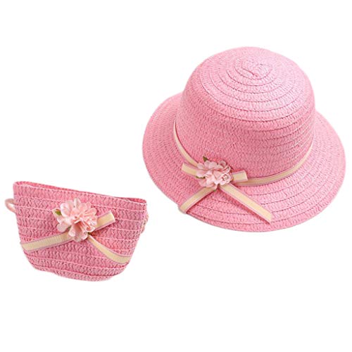 XuHang - Sombrero de paja de verano para niñas con cremallera, bolsa de hombro, color dulce caramelo, floral, protección UV, sombrero de playa para senderismo al aire libre