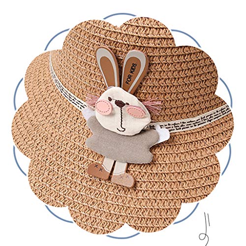 XuHang - Sombrero de verano para niños y niñas, tejido de paja, con bolsa de mano, diseño de conejo de dibujos animados con pompón, protector solar, gorra de playa para senderismo al aire libre
