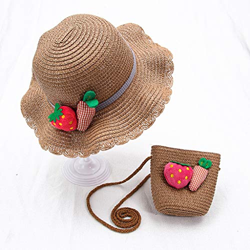 XuHang - Sombrero de verano para niños y niñas, tejido de paja, con bolsa de mano, diseño de conejo de dibujos animados con pompón, protector solar, gorra de playa para senderismo al aire libre
