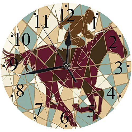 Yaoni Silencioso Wall Clock Decoración de hogar de Reloj de Redondo,Mosaico, Caballo de Carreras Estable y Siluetas de Jinete sobre Fondo de Piezas, Verde Azul,para Hogar, Sala de Estar, el Aula