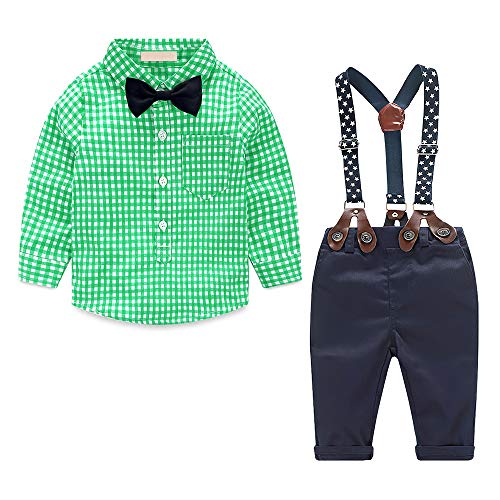 Yilaku Conjunto bebe niño invierno manga larga Camisa a cuadros verde + pajarita + pantalón + tirantes traje de 4 piezas（Verde，110）