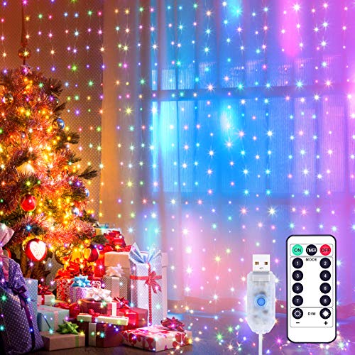 Yizhet Luces de Cadena de Cortina 3x3m 300 Cortina Luces LED Colores Luz de Cortina con Mando y 8 Modos Cadena Luz de Cortina Impermeable para Navidad Interior Habitacion Boda (Multicolor)