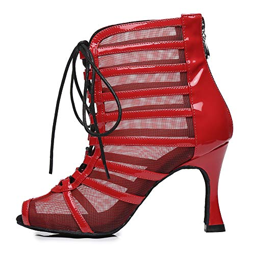 YKXLM Peep Toe Zapatos de Baile Latino Mujer Cremallera Charol Salsa Botas de Baile de Salón,Modelo YCL447-8.5CM,Rojo,38 EU