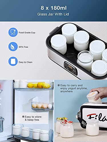 Yogurtera, Máquina Eléctrica para Hacer Yogur con 8 * 180ml Tarros de Vidrio y Pantalla LED, con Ajuste de Temporizador y Termostato, Auto Apagado, Acero Inoxidable