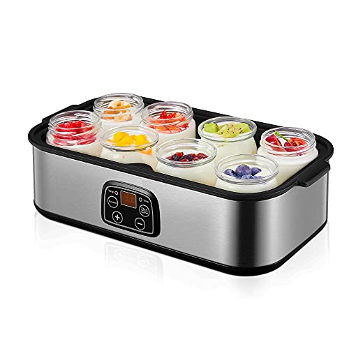 Yogurtera, Máquina Eléctrica para Hacer Yogur con 8 * 180ml Tarros de Vidrio y Pantalla LED, con Ajuste de Temporizador y Termostato, Auto Apagado, Acero Inoxidable