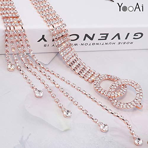 YooAi Cinturón de Cintura de Cristal para Mujer Cinturón de Cadena de Diamantes de imitación Cinturón de Cintura con Anillo en O para Vestido Oro Rosa 105cm