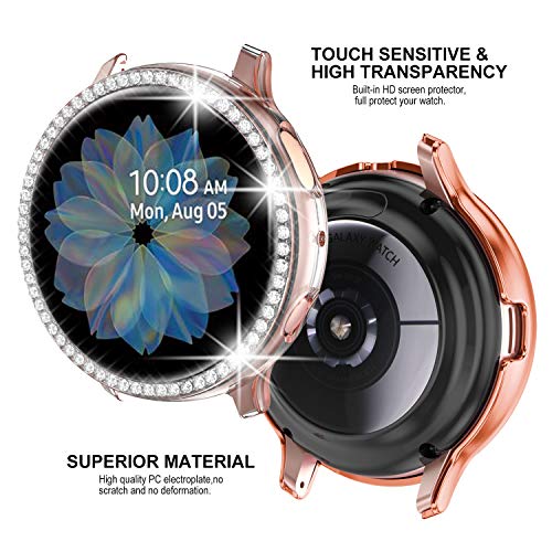 Youmaofa Funda Protectora para Samsung Galaxy Watch Active 2 44mm 44mm, （2 Pack) Built-in HD Protector de pantalla Bling Cristal Diamante PC Chapado Parachoque Cubrir Lleno Funda, Claro/Oro Rosa
