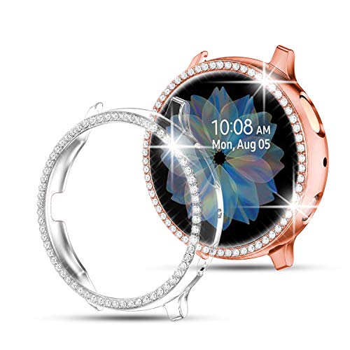 Youmaofa Funda Protectora para Samsung Galaxy Watch Active 2 44mm 44mm, （2 Pack) Built-in HD Protector de pantalla Bling Cristal Diamante PC Chapado Parachoque Cubrir Lleno Funda, Claro/Oro Rosa