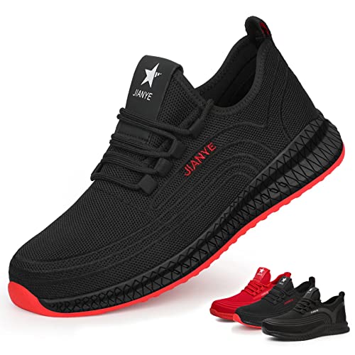 Zapatos de Seguridad Hombre Ligeros Calzado de Trabajo Mujer Punta de Acero Zapatillas Seguridad Transpirables Comodo Negro Rojo 39