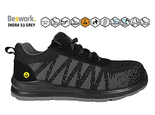 Zapatos de Seguridad Homologado Indra S3 Gris BeeWork. Suela Antiestática y Puntera Fibra Vidrio. Calzado Seguridad Deportivo Unisex (Numeric_44)