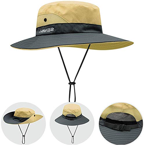 ZffXH Sombrero de pesca de protección solar con malla de cola de caballo ala ancha, marrón, L