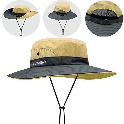 ZffXH Sombrero de pesca de protección solar con malla de cola de caballo ala ancha, marrón, L