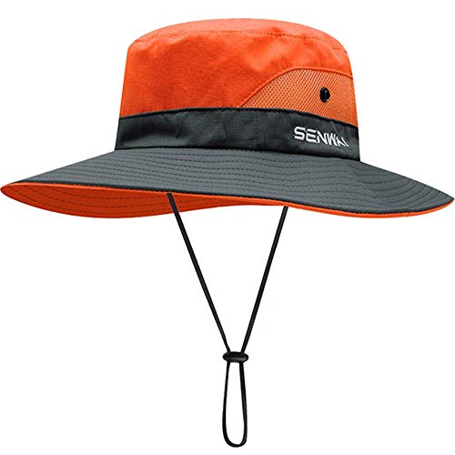 ZffXH Sombrero de pesca de protección solar con malla de cola de caballo ala ancha, naranja, L