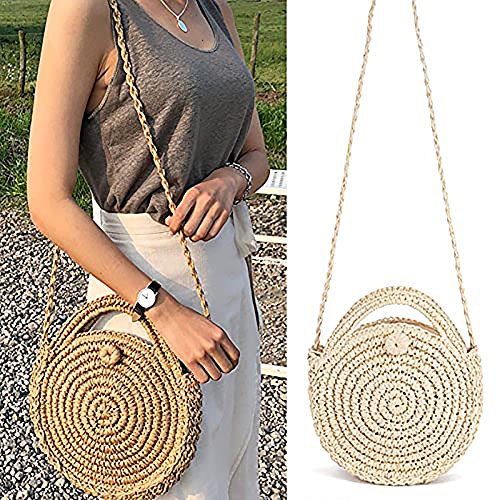 Zongsi Bolso Redondo Tejido a Mano de Ratán Elegante Bolsa de Mensajero de Paja Retro Vintage Bolso de Hombro Lady Verano Playa