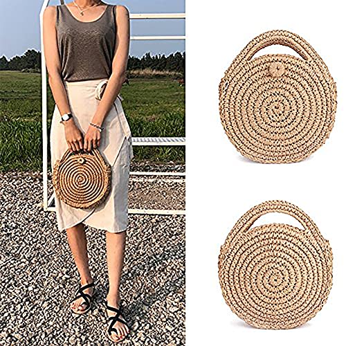 Zongsi Bolso Redondo Tejido a Mano de Ratán Elegante Bolsa de Mensajero de Paja Retro Vintage Bolso de Hombro Lady Verano Playa