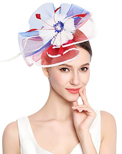 Z&X Sombrero de malla de flor con velo Clip de pelo de boda Derby Hat para las mujeres, #007 Bandera, Talla única