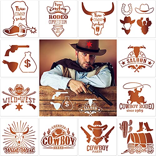 12 Plantillas de Pintura Occidental Plantillas de Cowboy Plantillas Temáticas Occidentales Reutilizables de Dibujo de Caballo y Vaca para Dibujo Calco Pintura de Bricolaje, 20 x 20 cm