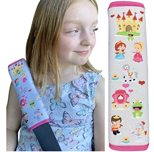 1x protector de cinturón de seguridad HECKBO® con dibujos de princesas, príncipes y ranas: cinturón de seguridad, almohadilla para el hombro, cinturón para el coche, funda de cinturón