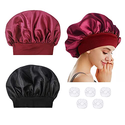 2 gorros suaves de noche para mujer, dormir nocturno, sombreros de satén sueltos y ajustados, con 5 tapones de ducha transparentes desechables de plástico.