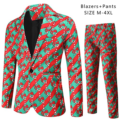 2 Piezas Chaqueta Chaleco Christmas Traje Suit Hombre-Chaqueta+ Pantalón,Chaqueta Navideña Roja con Estampado de árbol de Navidad